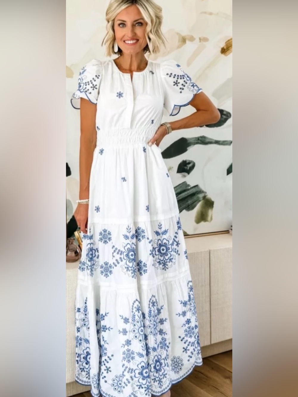 Joie White and Blue Embroidered Flutter Sleeve V-Neck Sun Dress.